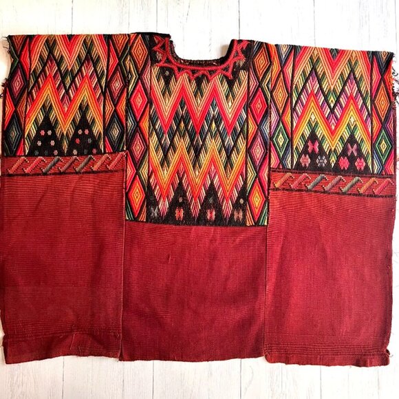 Vintage 70s Guatemalan Huipil Handmade Tunic Top – Red Brown Geometric P… - Picture 1 of 15